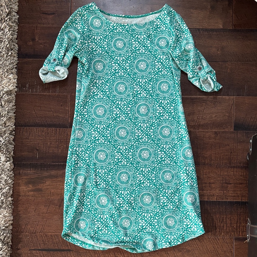 lola Teal and White Printed Shift Dress